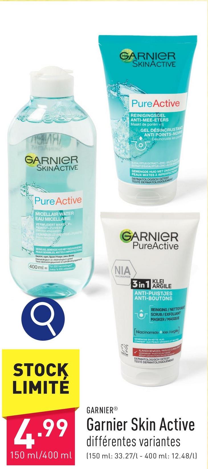 Garnier Skin Active choix entre masque à l’argile 3 en 1 contre les boutons, gel nettoyant et eau micellaire pour peaux sensibles et mixtes à imperfections