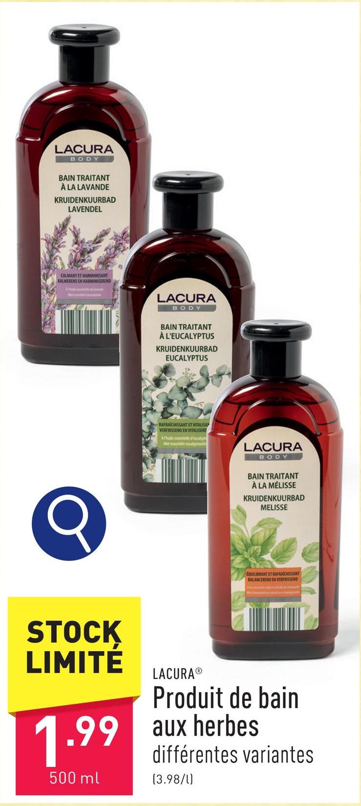 Produit de bain aux herbes formule douce aux ingrédients naturels et aux huiles essentielles, choix entre différentes variantes