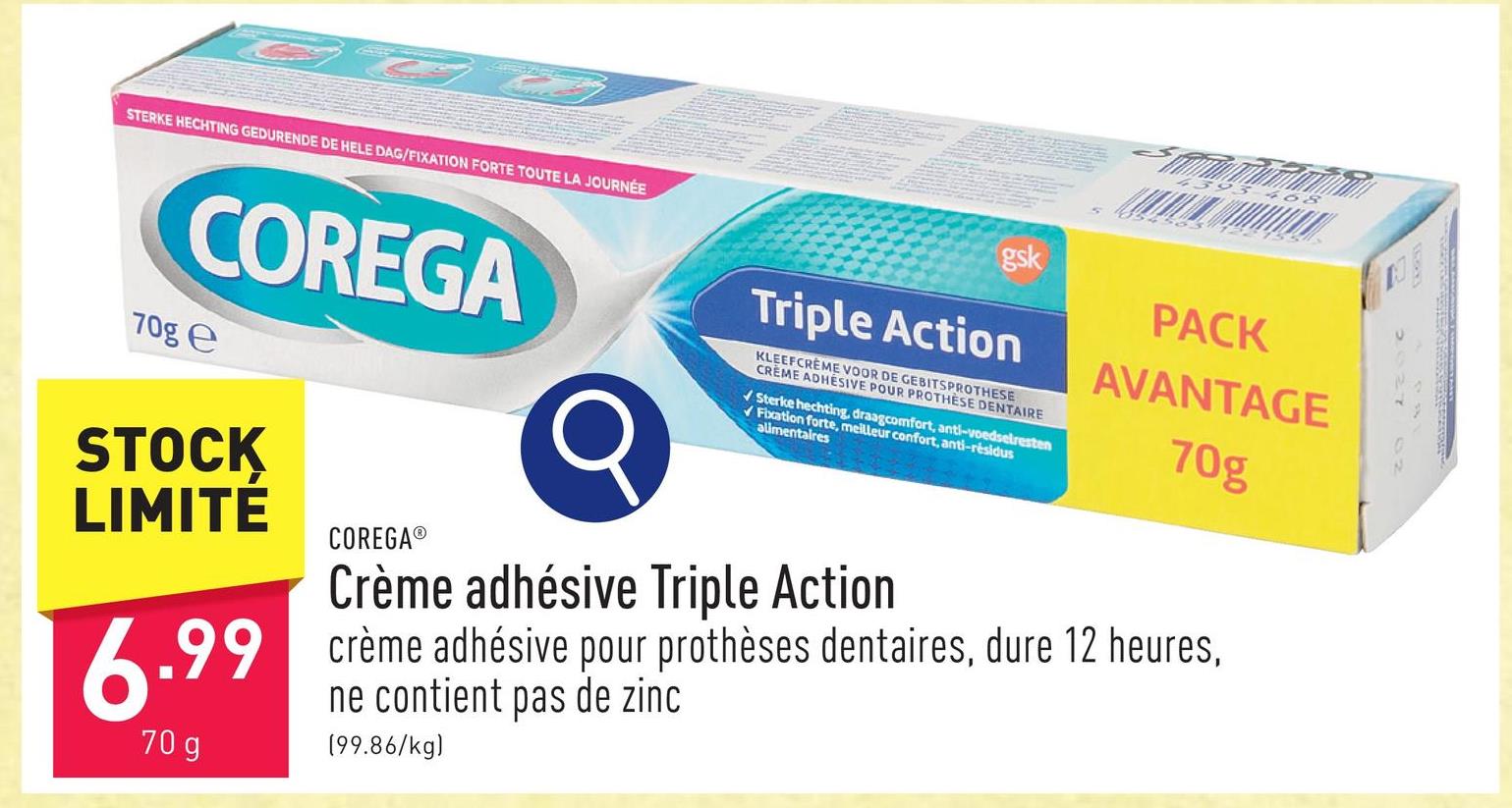 Crème adhésive Triple Action crème adhésive pour prothèses dentaires, dure 12 heures, ne contient pas de zinc