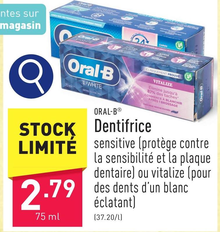 Dentifrice rend les dents plus blanches en éliminant les taches superficielles, protège les dents pendant 24 heures de la plaque dentaire en cas de brossage deux fois par jour