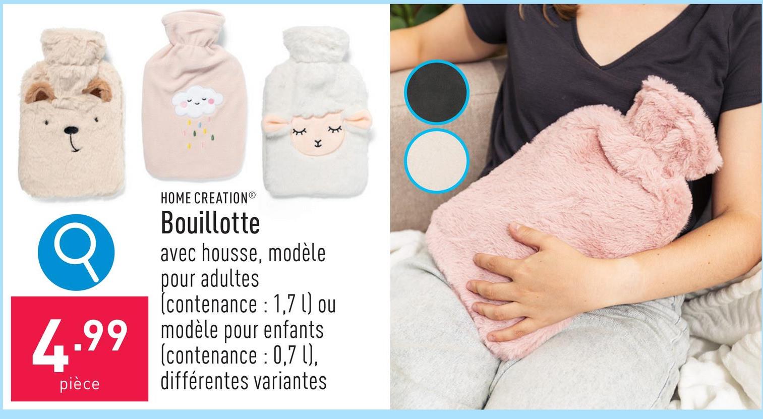 Bouillotte avec housse (en polyester), modèle pour adultes (contenance : 1,7 l) ou modèle pour enfants (contenance : 0,7 l), choix entre différentes variantes, certifiée OEKO-TEX®