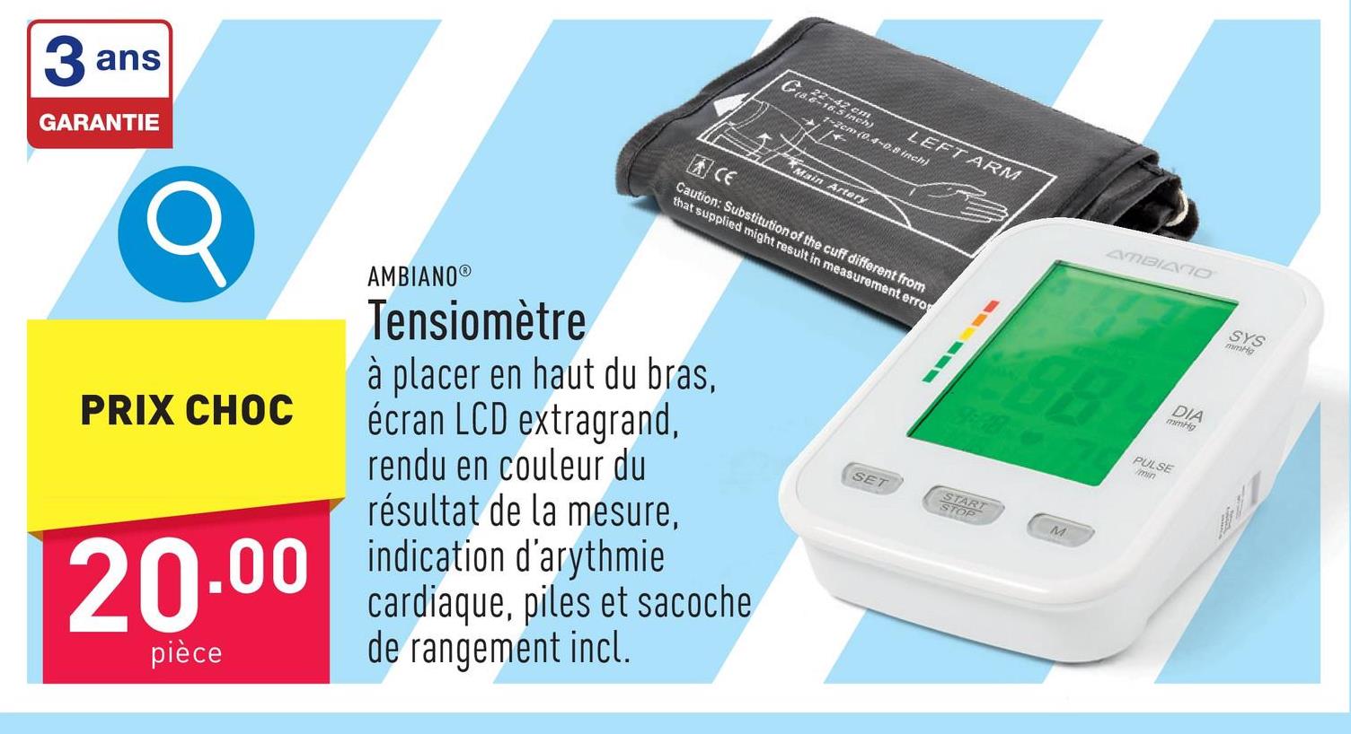 Tensiomètre à placer en haut du bras, écran LCD extragrand, rendu en couleur du résultat de la mesure, indication d’arythmie cardiaque, extinction automatique, fonctionne avec 4 piles AAA (comprises), sacoche de rangement incl.