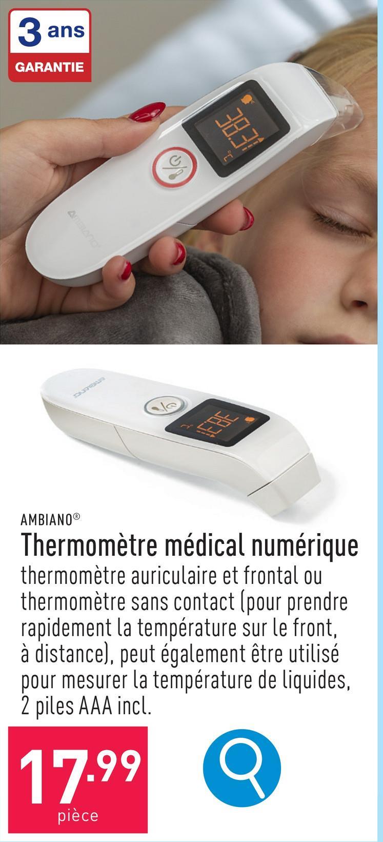 Thermomètre médical numérique thermomètre auriculaire et frontal (pour prendre rapidement la température dans l’oreille ou sur le front) ou thermomètre sans contact (pour prendre rapidement la témpérature sur le front, à distance), peut également être utilisé pour mesurer la température de liquides, mémorisation des 20 dernières mesures, alarme optique en cas de fièvre, 2 piles AAA incl.