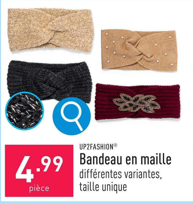 Bandeau en maille coton/acrylique/polyamide ou viscose/polyester/polyamide ou acrylique/polyester/fibres métallisées, choix entre différentes variantes, taille unique, certifié OEKO-TEX®