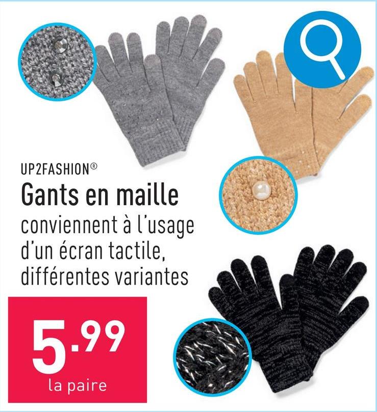 Gants en maille conviennent à l’usage d’un écran tactile, acrylique/polyester/fibres métallisées/élasthanne ou viscose/polyester/polyamide, choix entre différentes variantes, certifiés OEKO-TEX®