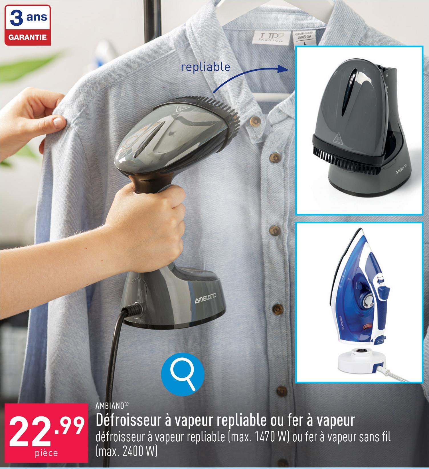 Défroisseur à vapeur repliable ou fer à vapeur choix entre défroisseur à vapeur repliable (max. 1470 W, réservoir d’eau intégré : 120 ml, embout à brosse, pour défroisser et repasser rapidement et facilement les vêtements) et fer à vapeur sans fil (max. 2400 W, réservoir d’eau : 350 ml, peut s’utiliser avec fil et sans fil, fonction autonettoyante, fonction pulvérisation, système anticalcaire, système antigoutte, protection antisurchauffe, réglage continu de la température, semelle en aluminium à technologie ionique et revêtement céramique, gobelet gradué incl.)