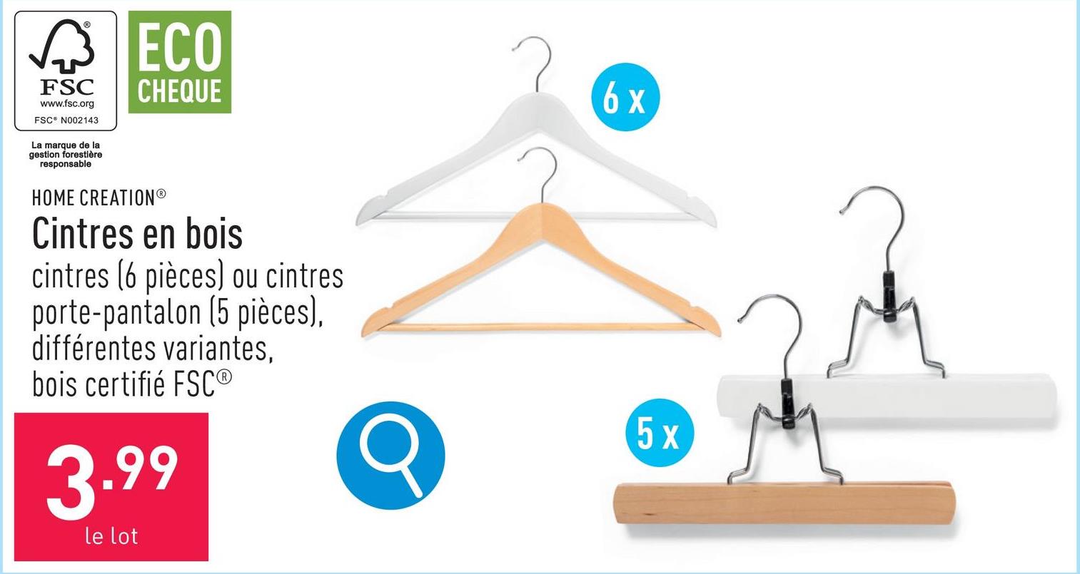 Cintres en bois choix entre cintres à encoches (6 pièces) et cintres porte-pantalon à pièce en feutre (5 pièces), choix entre différentes variantes, bois certifié FSC®