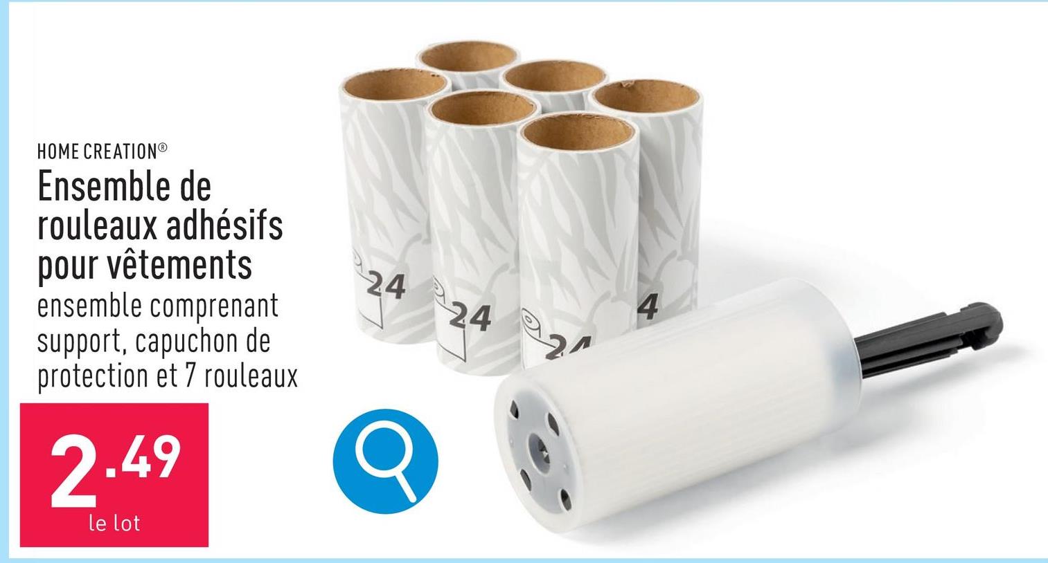 Ensemble de rouleaux adhésifs pour vêtements ensemble comprenant support, capuchon de protection et 7 rouleaux (24 feuillets autocollants par rouleau)