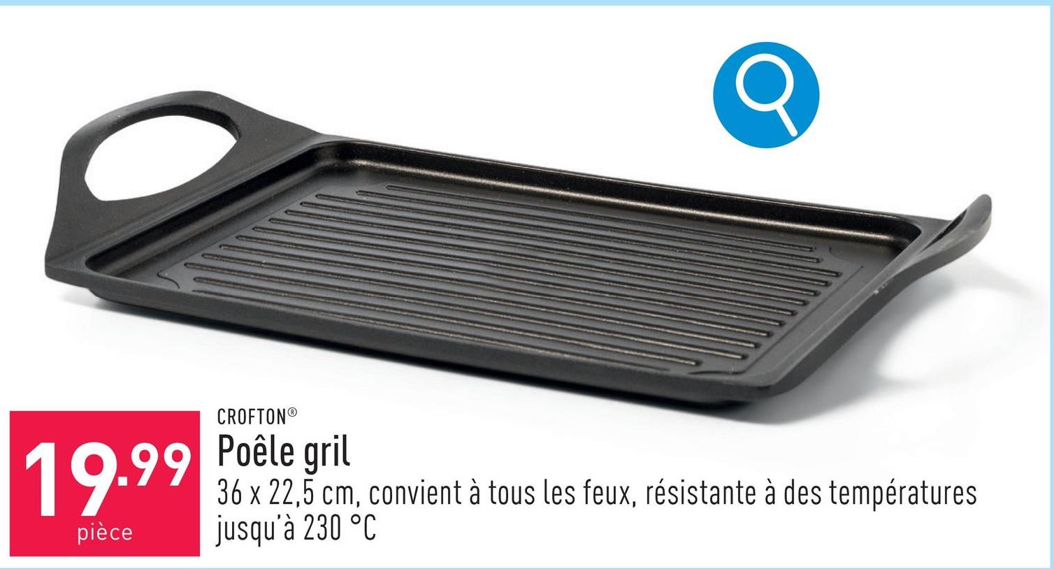 Poêle gril fonte d’aluminium, 36 x 22,5 cm, revêtement antiadhésif ILAG®, convient à tous les feux (induction comprise), résistante à des températures jusqu’à 230 °C