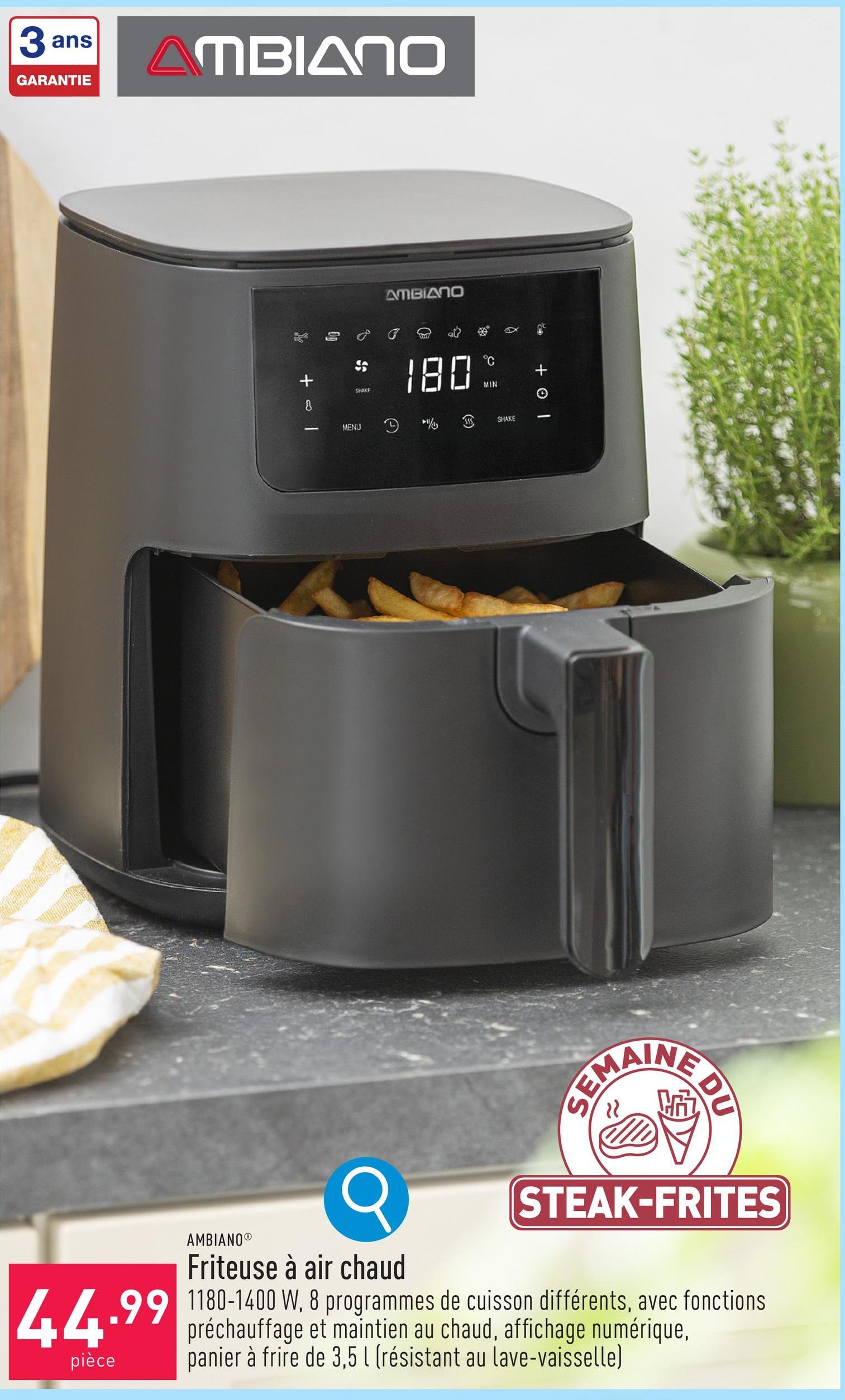 Friteuse à air chaud 1180-1400 W, 8 programmes de cuisson différents (frites, bacon, poulet, steak, pâtisserie, légumes, aliments congelés, poisson), avec fonctions préchauffage et maintien au chaud, réglage de la température, affichage numérique, panier à frire de 3,5 l (résistant au lave-vaisselle)