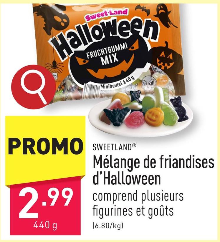 Mélange de friandises d'Halloween mélange de différentes variantes, emballé en sachets à distribuer