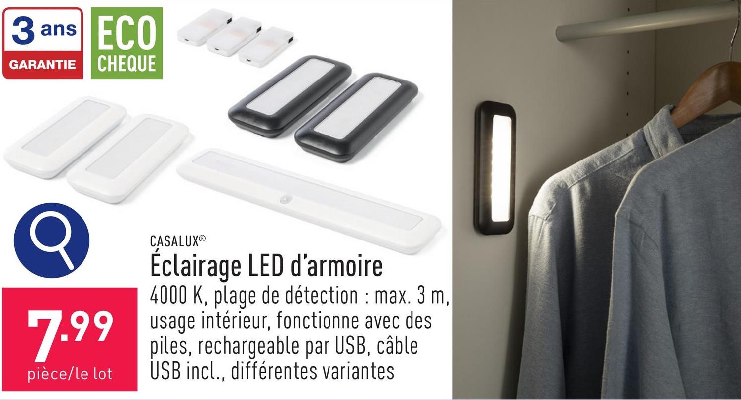 Éclairage LED d’armoire 4000 K, plage de détection : max. 3 m, non gradable, à support magnétique et détecteur de mouvement, usage intérieur, fonctionne avec des piles, rechargeable par USB, câble USB incl., choix entre différentes variantes