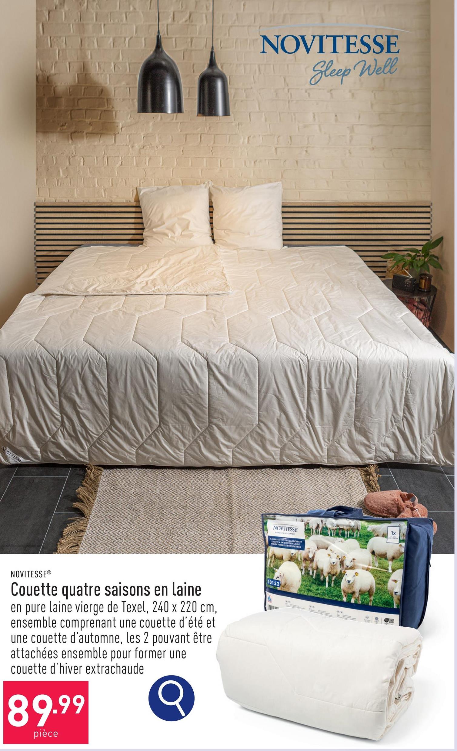 Couette quatre saisons en laine housse : coton (percale), rembourrage : pure laine vierge de Texel, 240 x 220 cm, ensemble comprenant une couette d'été et une couette d’automne, les 2 pouvant être attachées ensemble pour former une couette d’hiver extrachaude, secouer et aérer régulièrement, isolation thermique optimale, excellente régulation de l’humidité, très confortable, certifiée OEKO-TEX®