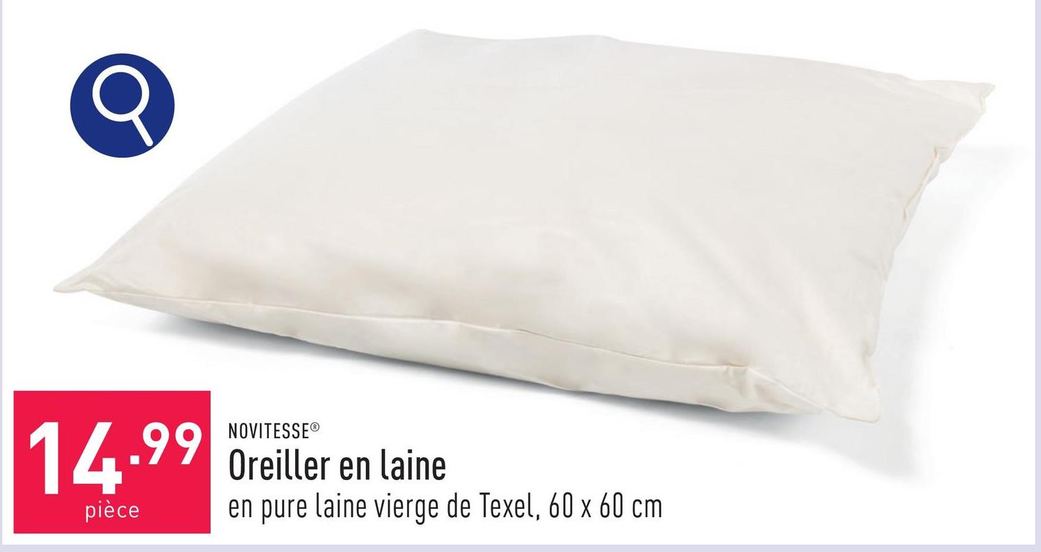 Oreiller en laine housse : coton (percale), rembourrage : pure laine vierge de Texel, 60 x 60 cm, secouer et aérer régulièrement, isolation thermique optimale, excellente régulation de l’humidité, très confortable, certifié OEKO-TEX®