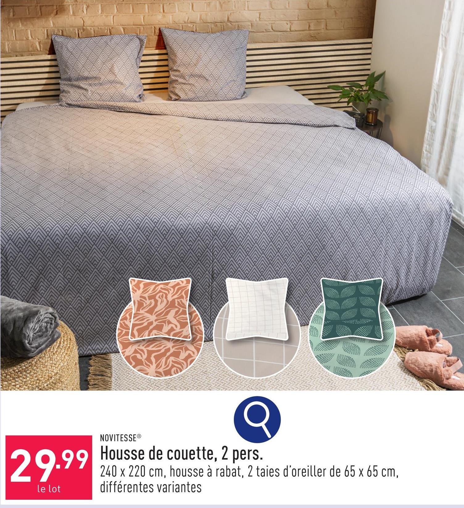 Housse de couette, 2 pers. coton, 240 x 220 cm, housse à rabat, 2 taies d’oreiller de 65 x 65 cm, choix entre différentes variantes, certifiée OEKO-TEX®