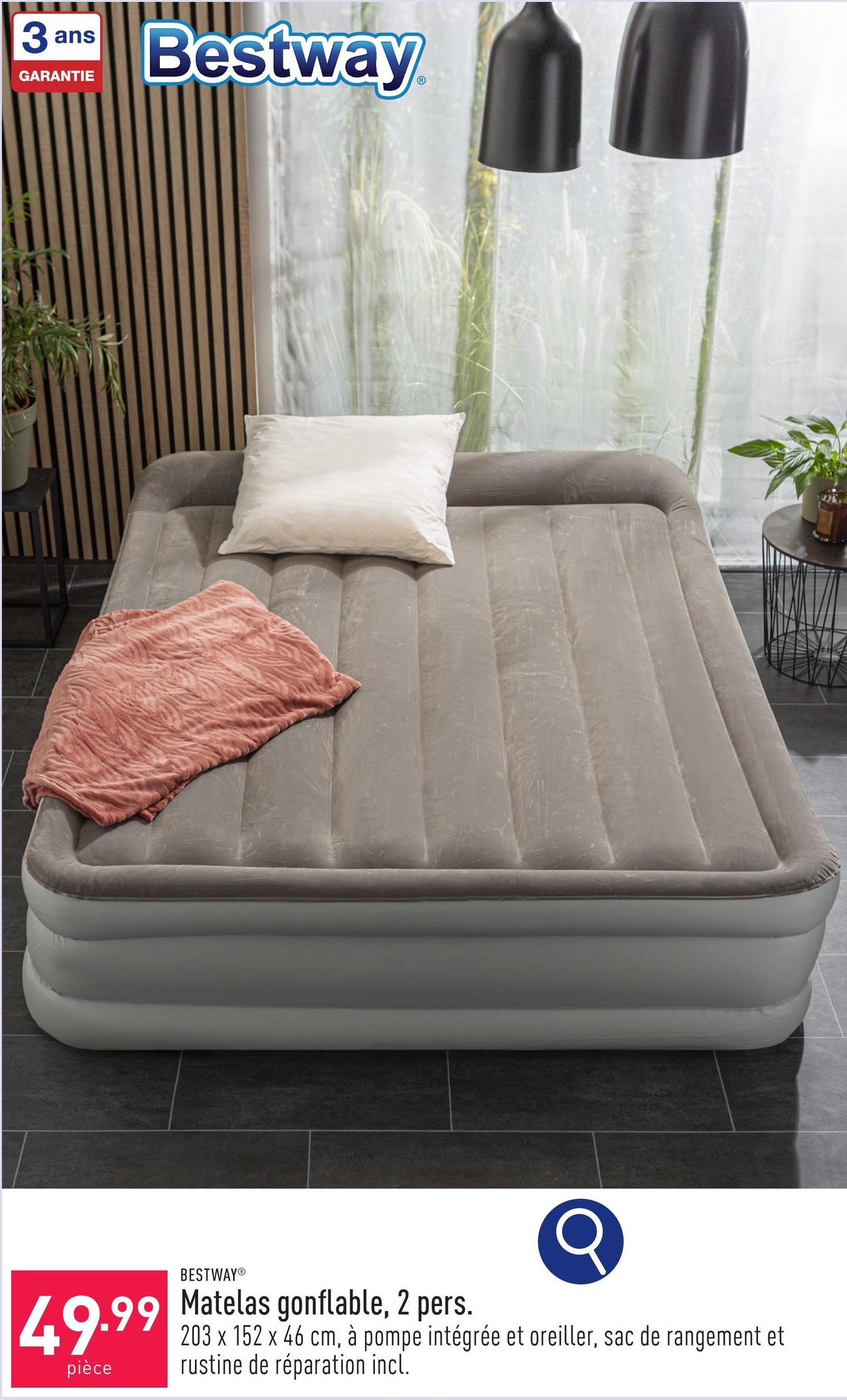 Matelas gonflable, 2 pers. 203 x 152 x 46 cm, à pompe intégrée et oreiller, sac de rangement et rustine de réparation incl.