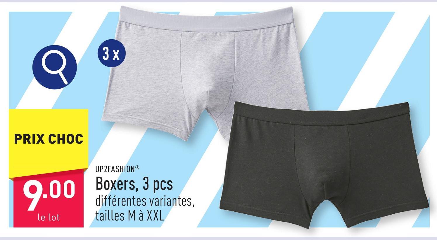 Boxers pour hommes, 3 pcs coton/viscose/élasthanne (Lycra®) ou coton/élasthanne (Lycra®), regular fit, choix entre différents lots, tailles M à XXL, certifiés OEKO-TEX®