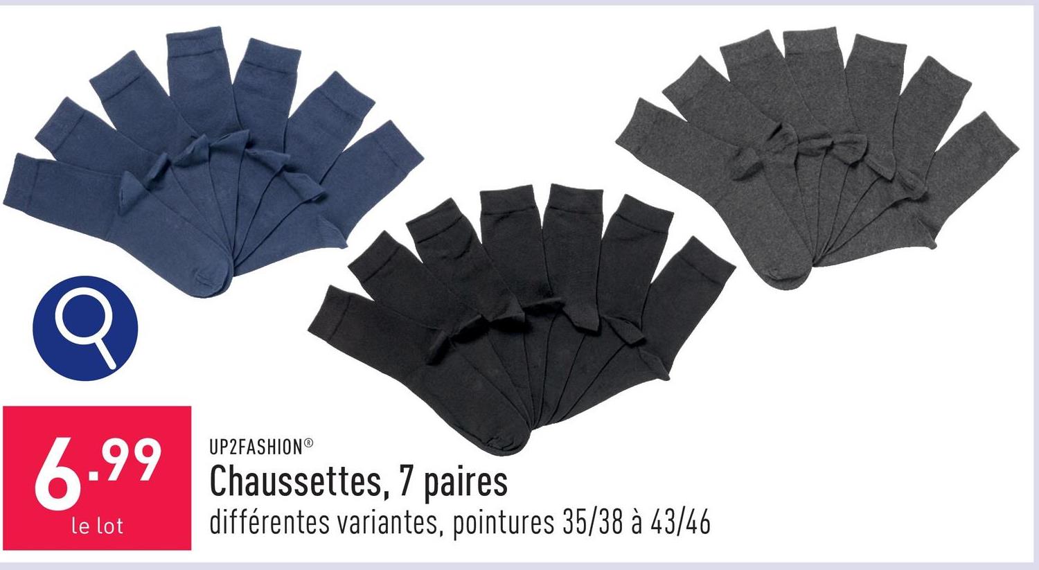 Chaussettes, 7 paires coton/polyamide/élasthanne (Lycra®), choix entre différentes variantes, pointures 35/38 à 43/46, certifiées OEKO-TEX®