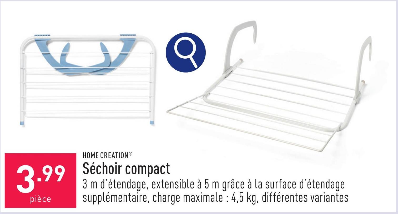 Séchoir compact 3 m d’étendage, extensible à 5 m grâce à la surface d’étendage supplémentaire, charge maximale : 4,5 kg, choix entre différentes variantes