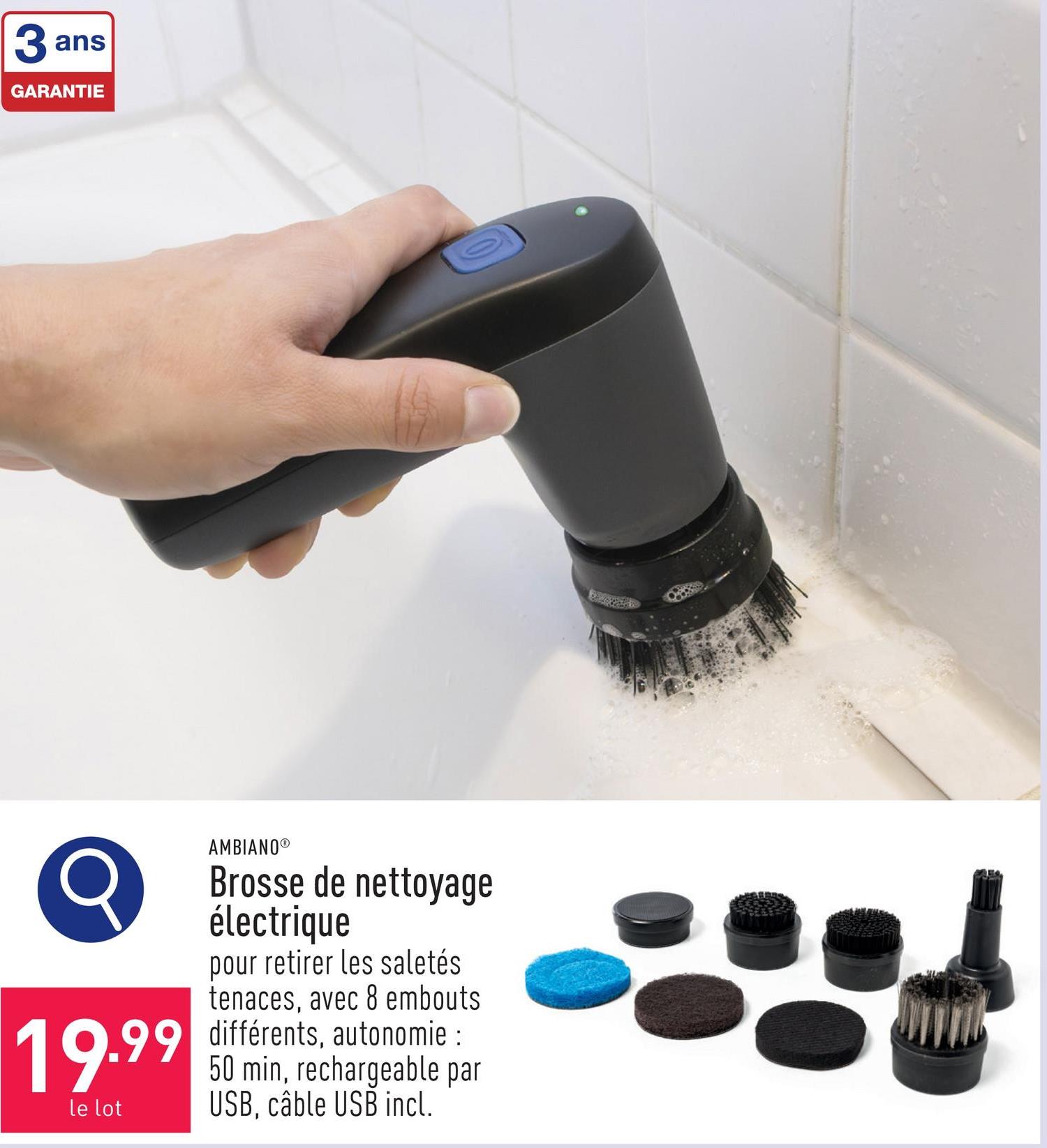 Brosse de nettoyage électrique pour retirer les saletés tenaces sans effort, avec 8 embouts différents, autonomie : 50 min, rechargeable par USB, câble USB incl.