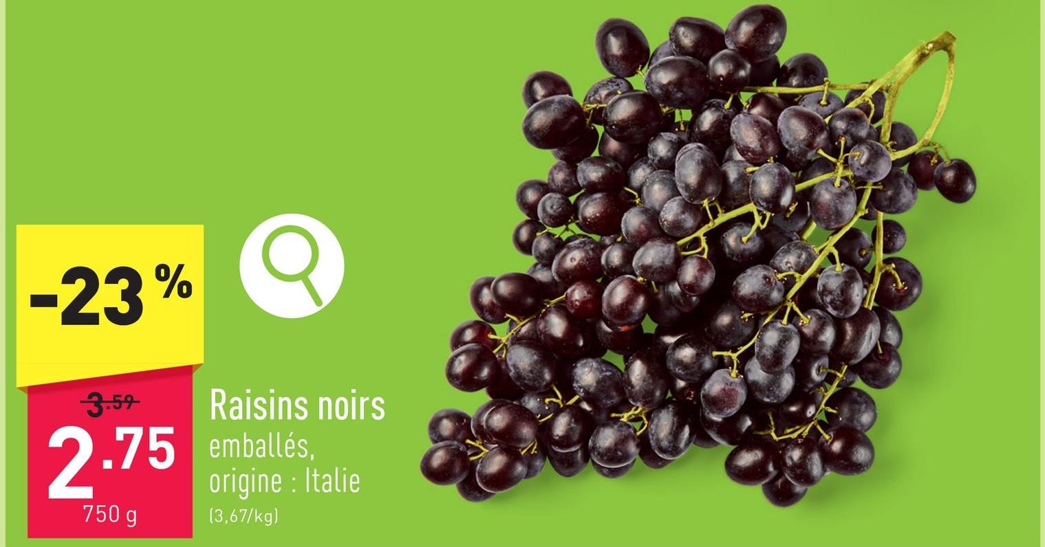 Raisins noirs emballés, origine : Italie