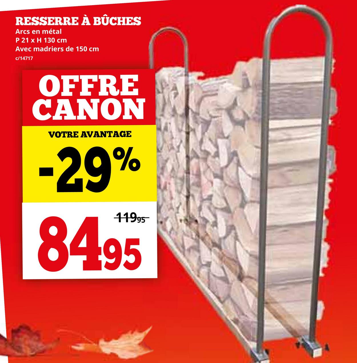 RESSERRE À BÛCHES
Arcs en métal
P 21 x H 130 cm
Avec madriers de 150 cm
c/14717
OFFRE
CANON
VOTRE AVANTAGE
-29%
11995
84.95