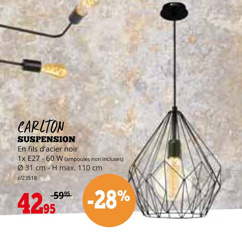 CARLTON
SUSPENSION
En fils d'acier noir
1x E27 60 W (ampoules non incluses)
Ø31 cm H max. 110 cm
c/23518
-
-5995 -28%
42.95