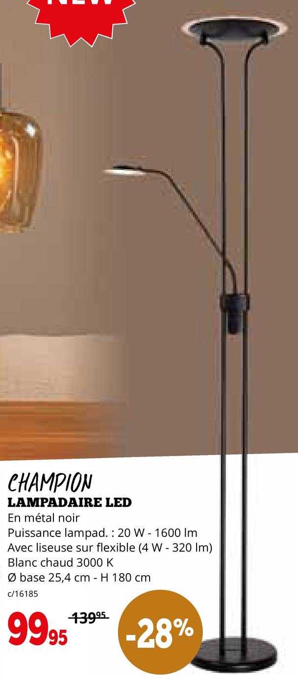 CHAMPION
LAMPADAIRE LED
En métal noir
Puissance lampad.: 20 W - 1600 Im
Avec liseuse sur flexible (4 W-320 Im)
Blanc chaud 3000 K
Ø base 25,4 cm H 180 cm
c/16185
9995
13995
-28%