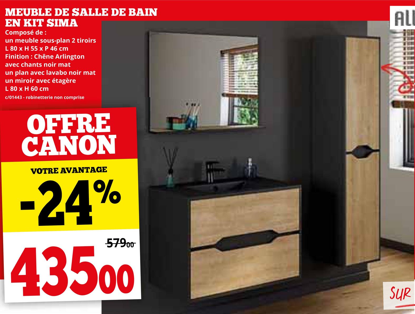 MEUBLE DE SALLE DE BAIN
EN KIT SIMA
Composé de :
un meuble sous-plan 2 tiroirs
L 80 x H 55 x P 46 cm
Finition : Chêne Arlington
avec chants noir mat
un plan avec lavabo noir mat
un miroir avec étagère
L 80 x H 60 cm
c/01443 - robinetterie non comprise
ALI
OFFRE
CANON
VOTRE AVANTAGE
-24%
57900
43500
SUR