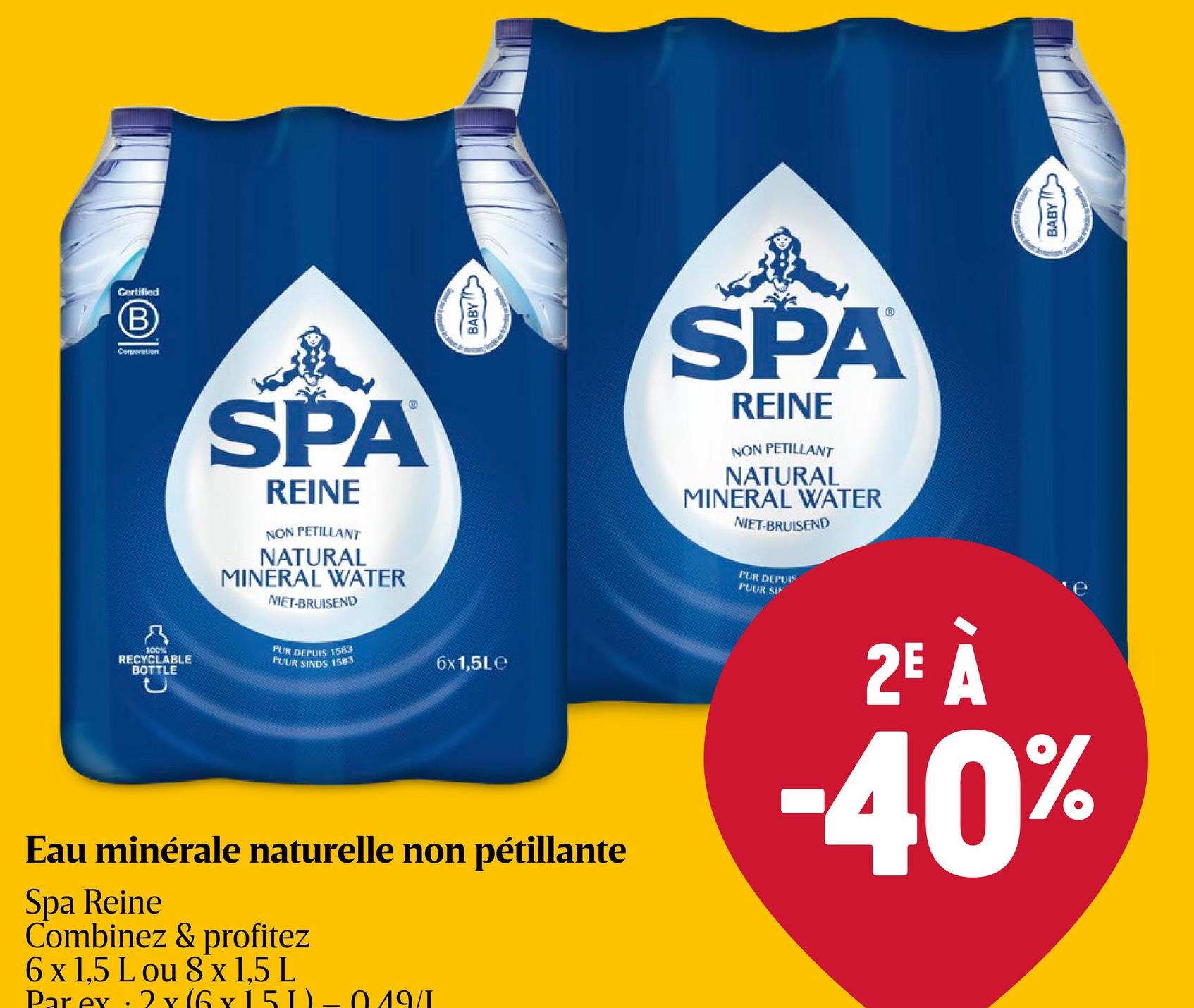 Eau minérale | Non pétillante | PET C'est à l'issue d'un long voyage souterrain dans les Fagnes de Spa que l'eau de SPA Reine acquiert sa composition unique. Extrêmement pure, très pauvre en sels minéraux et très faible teneur en sodium (sel). Convient à la préparation des aliments pour nourrissons.