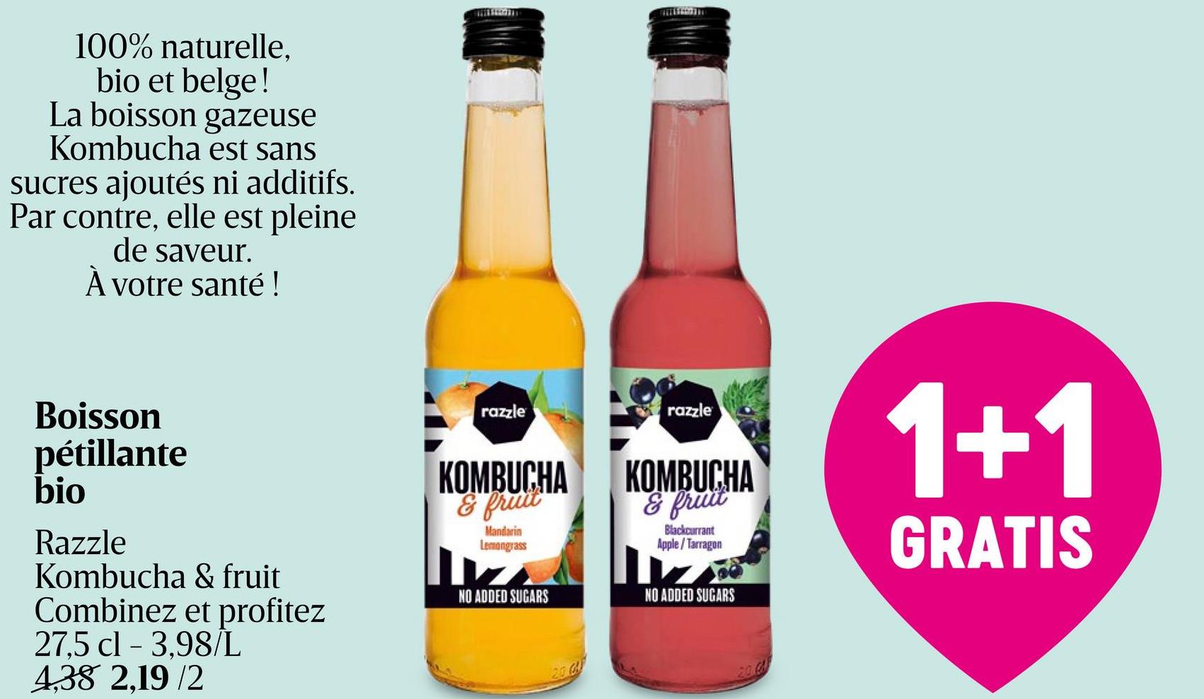 Kombucha | Mandarine Citronelle | Bio Buvez différemment ! Découvrez les fusions pétillantes de Razzle d'un kombucha subtile (un thé fermenté traditionnel) avec le goût inattendu de Mandarine et Citronelle! 100% naturel & biologique, 0% sucres ajoutés. le rafraîchissement parfait!