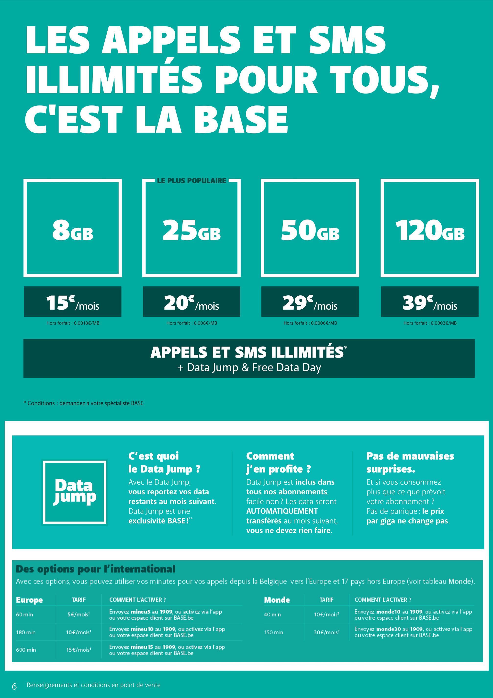 LES APPELS ET SMS
ILLIMITÉS POUR TOUS,
C'EST LA BASE
8GB
LE PLUS POPULAIRE
25GB
50GB
120GB
15€/mois
Hors forfait : 0,0018€/MB
20€/mois
Hors forfait : 0,008€/MB
* Conditions: demandez à votre spécialiste BASE
Data
Jump
29€/mois
Hors forfait : 0,0006€/MB
APPELS ET SMS ILLIMITÉS
+ Data Jump & Free Data Day
*
39€/mois
Hors forfait : 0,0003€/MB
C'est quoi
le Data Jump?
Avec le Data Jump,
vous reportez vos data
restants au mois suivant.
Data Jump est une
exclusivité BASE!**
Comment
j'en profite ?
Data Jump est inclus dans
tous nos abonnements,
facile non? Les data seront
AUTOMATIQUEMENT
transférés au mois suivant,
vous ne devez rien faire.
Pas de mauvaises
surprises.
Et si vous consommez
plus que ce que prévoit
votre abonnement?
Pas de panique: le prix
par giga ne change pas.
Des options pour l'international
Avec ces options, vous pouvez utiliser vos minutes pour vos appels depuis la Belgique vers l'Europe et 17 pays hors Europe (voir tableau Monde).
Europe
TARIF
COMMENT L'ACTIVER?
Monde
TARIF
60 min
5€/mois'
Envoyez mineu5 au 1909, ou activez via l'app
ou votre espace client sur BASE.be
40 min
10€/mois²
180 min
10€/mois¹
Envoyez mineu 10 au 1909, ou activez via l'app
ou votre espace client sur BASE.be
150 min
30€/mois²
600 min
15€/mois'
Envoyez mineu 15 au 1909, ou activez via l'app
ou votre espace client sur BASE.be
COMMENT L'ACTIVER ?
Envoyez monde10 au 1909, ou activez via l'app
ou votre espace client sur BASE.be
Envoyez monde30 au 1909, ou activez via l'app
ou votre espace client sur BASE.be
6
Renseignements et conditions en point de vente