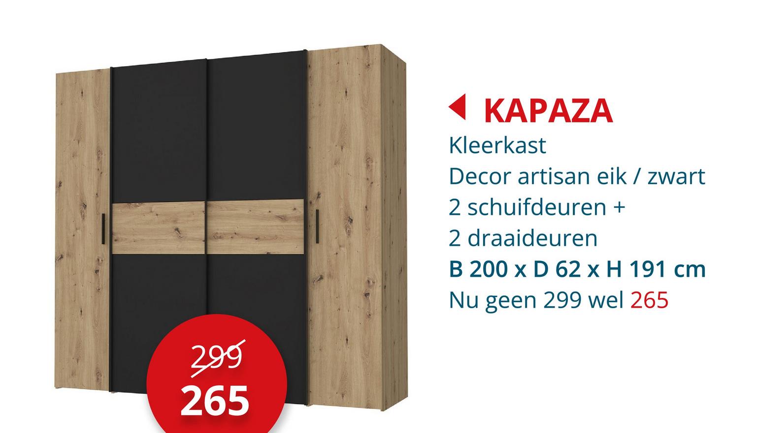 Kleerkast Kapaza 200cm - meubelplaat - artisan eik/zwart Kleerkasten Schuifdeurkast Draaideurkast Kasten