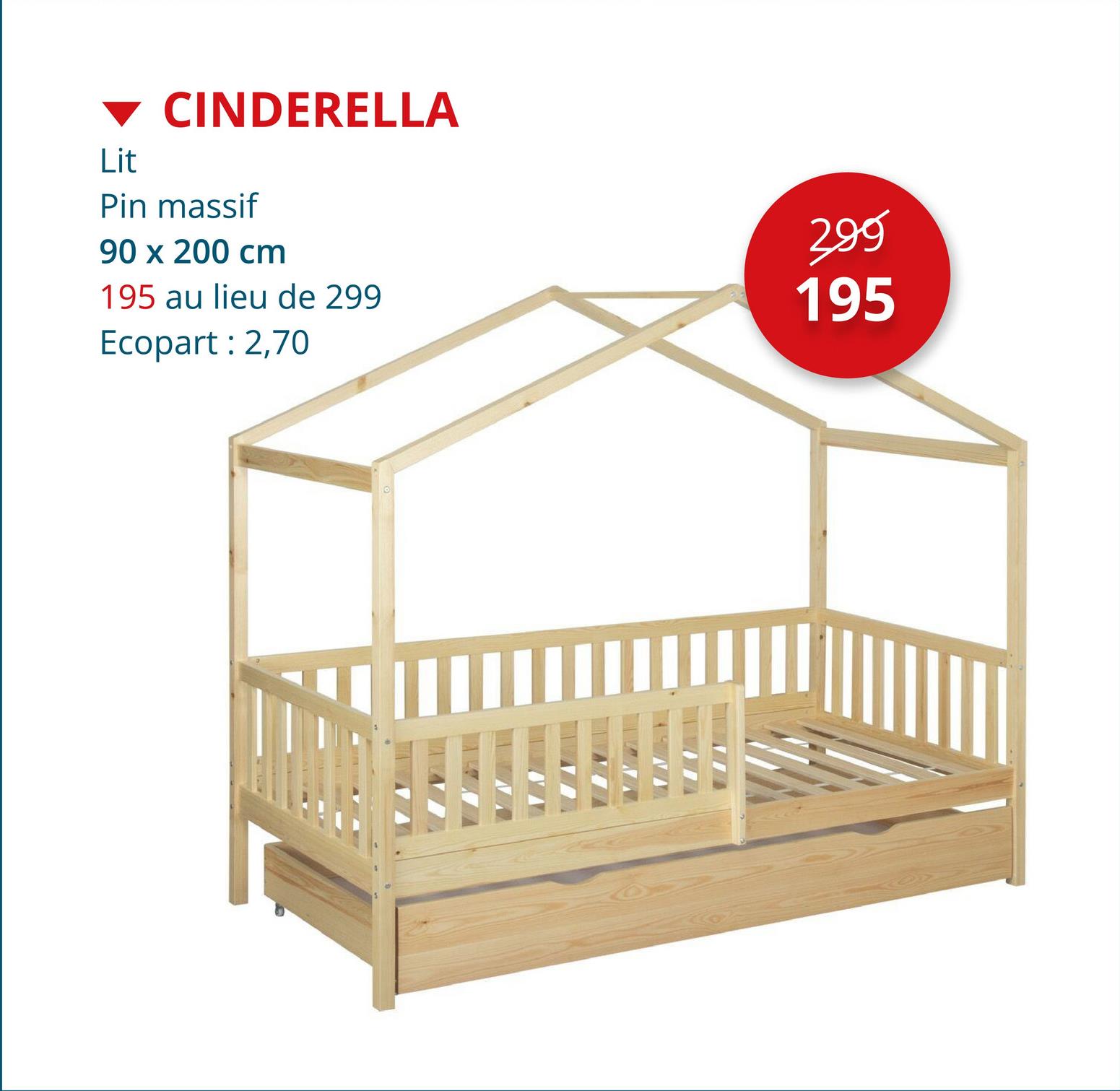 Lit de maison Cinderella 90x200cm avec sommier et rangement - pin massif - naturel Lits & Boxsprings Lits 1 Personne Chambre Junior