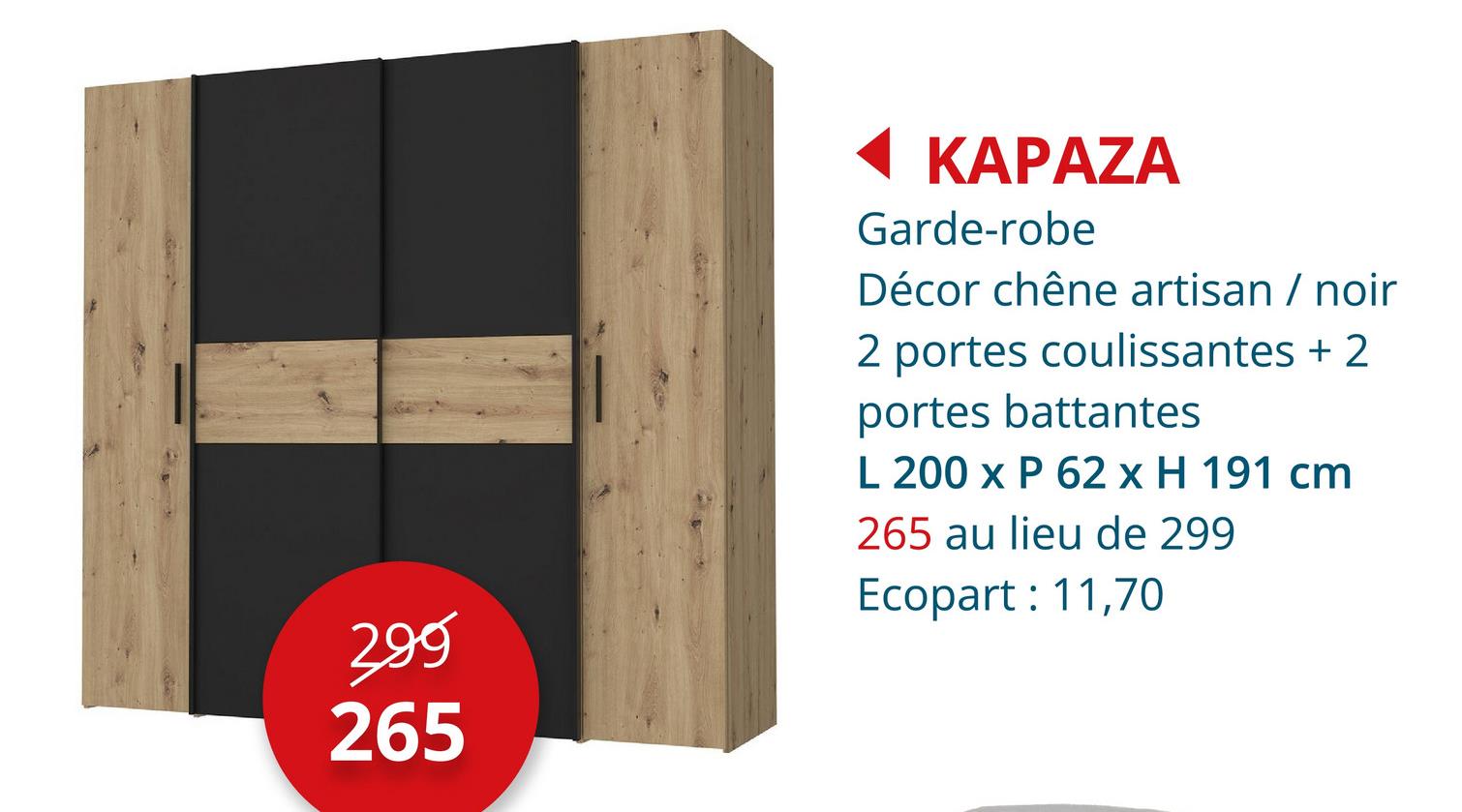 Garde-robe Kapaza 200cm - panneau décor - chêne artisan/noir Garde-robes Porte Coulissante Porte Pivotante Armoires De Rangement