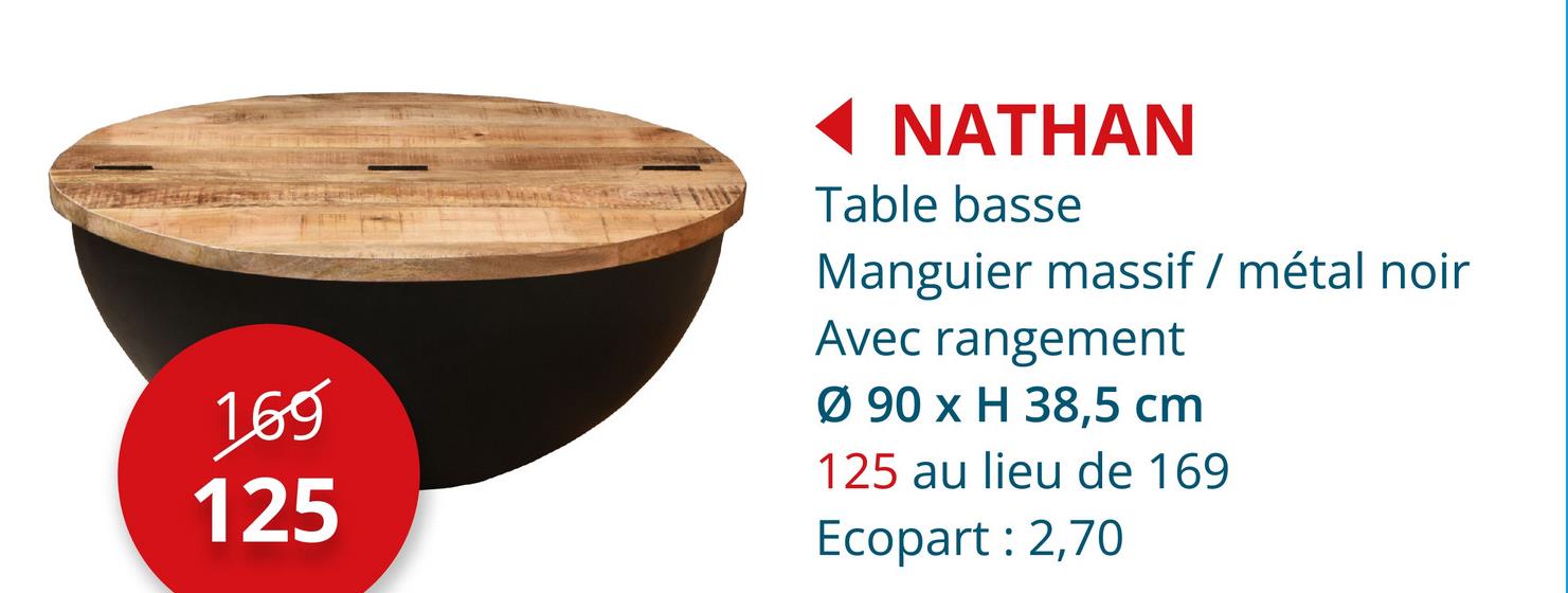 Table basse Nathan Ø90cm mangue massif avec rangement Meubles D'appoint Tables Basses