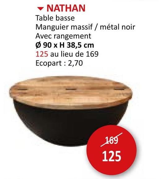 Table basse Nathan Ø90cm mangue massif avec rangement Meubles D'appoint Tables Basses