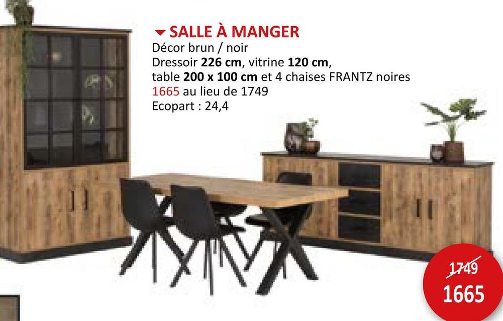 Salle à manger avec 4 chaises Frantz - table 200x100cm - buffet 226cm  - vitrine 120cm Ensemble Salle à Manger Non-prémonté