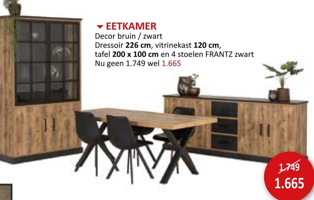 Eetkamer met 4 stoelen Frantz - tafel 200x100 - dressoir 226cm - vitrinekast 120cm Eetkamersets Niet Voorgemonteerd