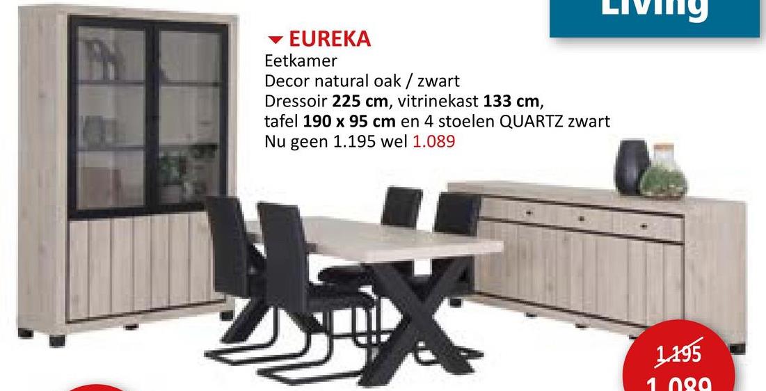 Eetkamer Eureka met 4 stoelen Quartz - tafel 190x95cm - dressoir 225cm - vitrinekast 133cm Eetkamersets Niet Voorgemonteerd