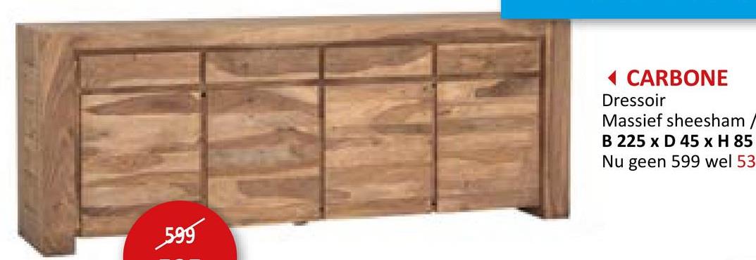 Dressoir Carbone  225cm - sheesham massief & fineer - naturel Dressoirs Eetkamerkasten