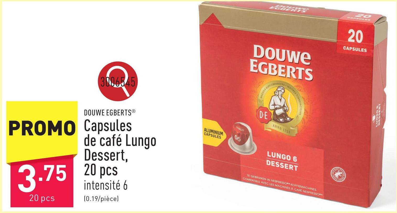 Capsules de café Lungo Dessert, 20 pcs intensité 6, goût équilibré