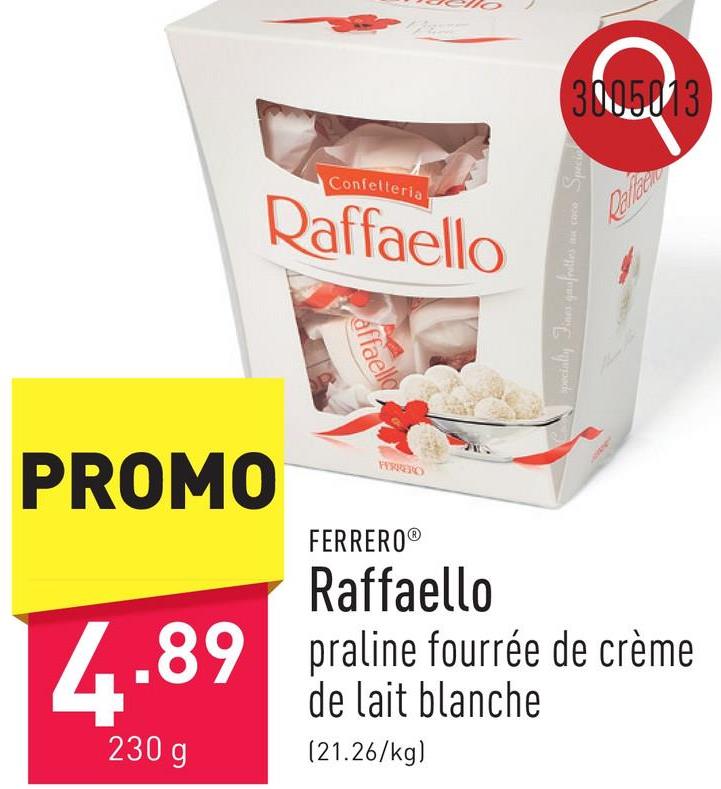 Raffaello praline fourrée de crème de lait blanche et d’amandes blanchies, enrobée d’une truffe à la noix de coco et aux amandes