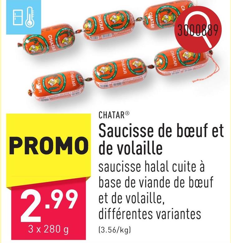 Saucisse de bœuf et de volaille saucisse halal cuite à base de viande de bœuf et de volaille, choix entre différentes variantesIl s'agit d'un article régional qui n'est pas disponible dans tous les magasins ALDI.