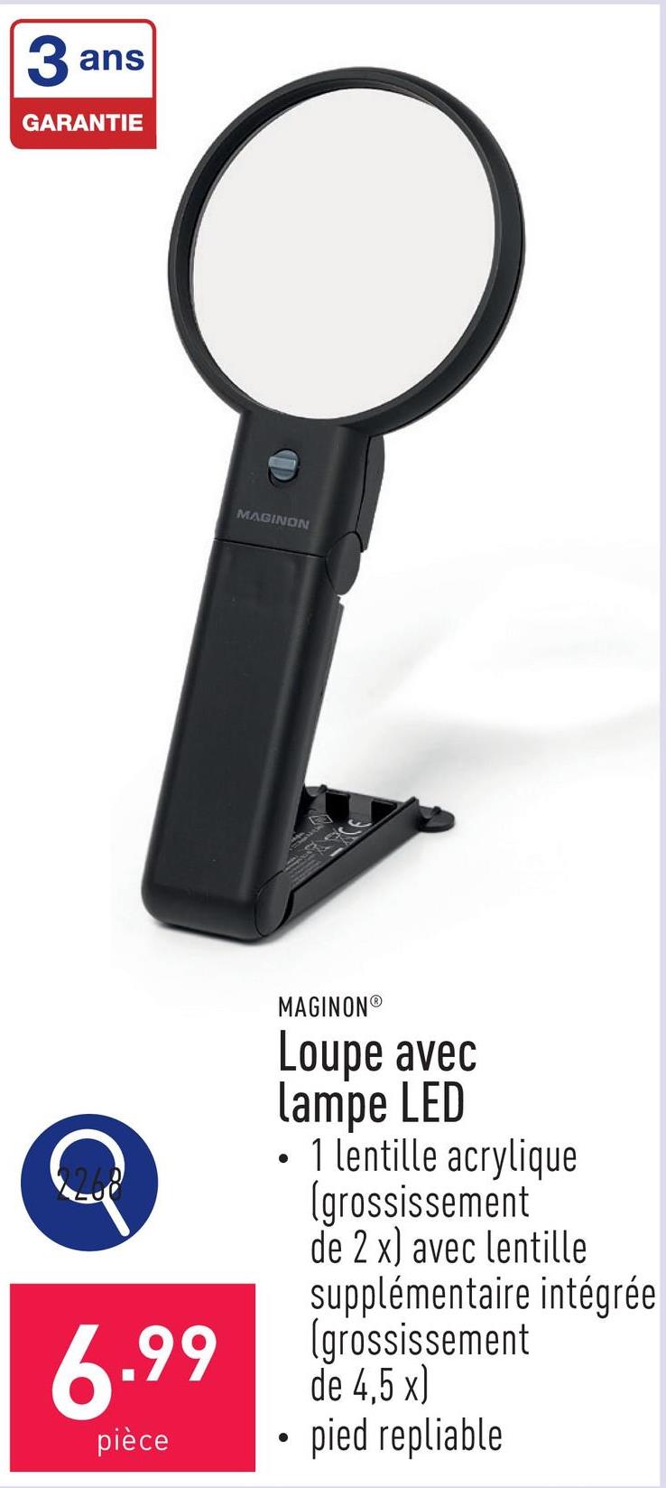 Loupe avec lampe LED lentille acrylique à grossissement de 2 x, lentille supplémentaire intégrée à grossissement de 4,5 x, lampe LED incorporée, pied repliable, 2 piles AA et étui de transport incl.