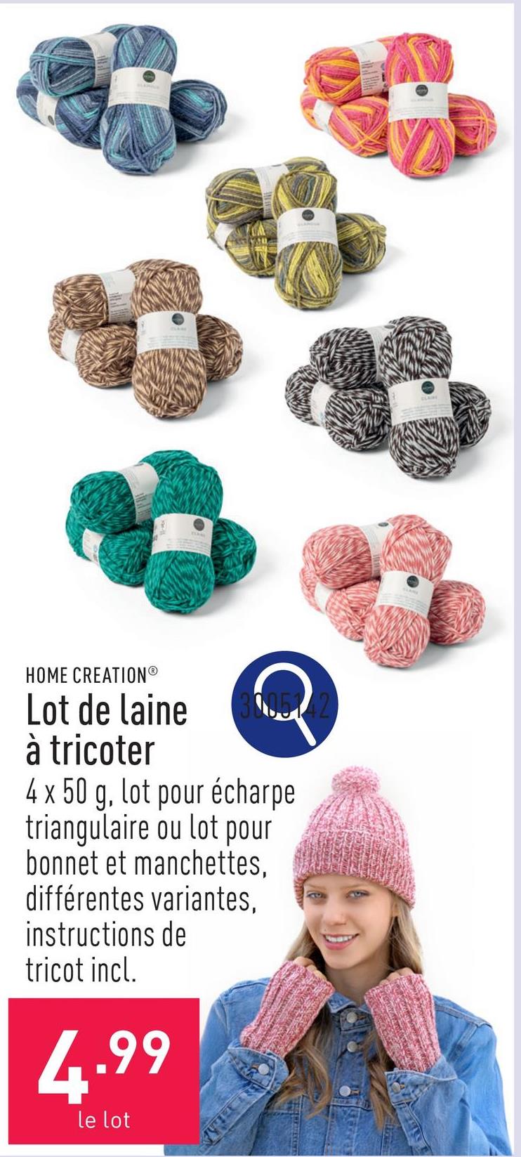 Lot de laine à tricoter polyacrylique/polyester ou polyacrylique, 4 x 50 g, choix entre lot pour écharpe triangulaire et lot pour bonnet et manchettes, choix entre différentes variantes, instructions de tricot incl., certifiées OEKO-TEX®