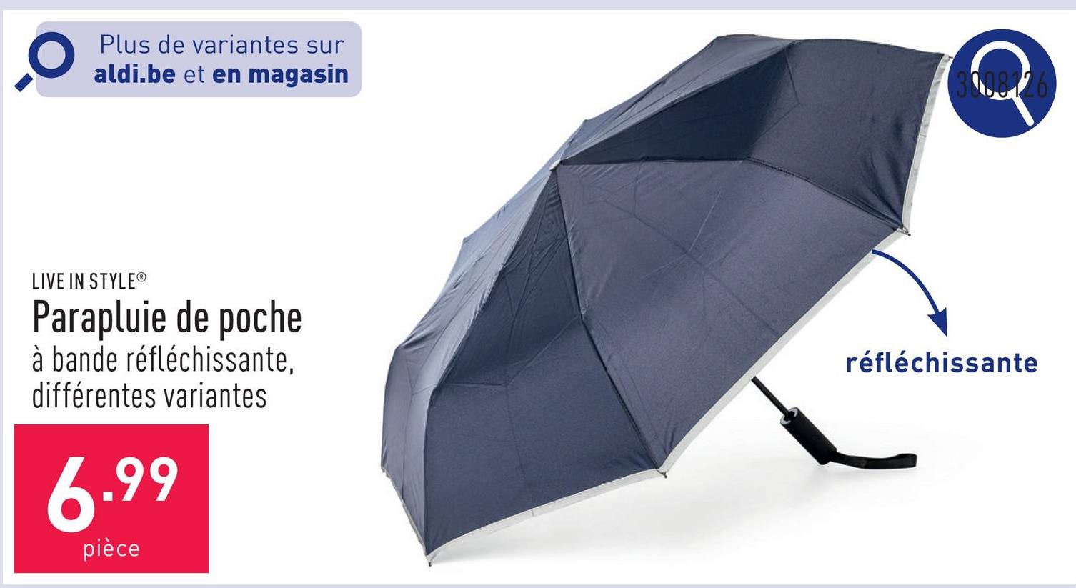 Parapluie de poche polyester, à bande réfléchissante, ouverture et fermeture automatiques, choix entre différentes variantes