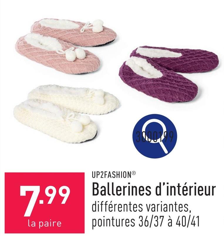 Ballerines d’intérieur dessus en acrylique, intérieur en polyester, semelles intérieure et d’usure en polyester, choix entre différents variantes, pointures 36/37 à 40/41, certifiées OEKO-TEX®