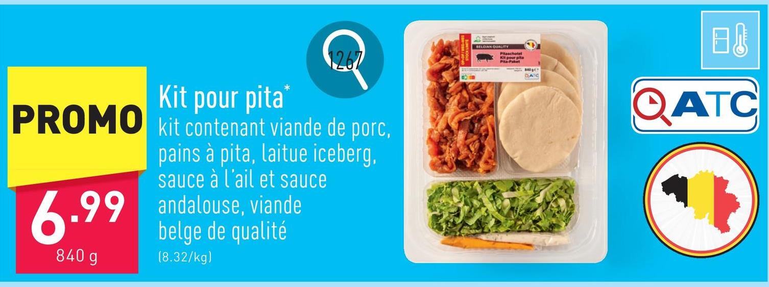 Kit pour pita kit contenant viande de porc, pains à pita, laitue iceberg, sauce à l'ail et sauce andalouse, viande belge de qualité