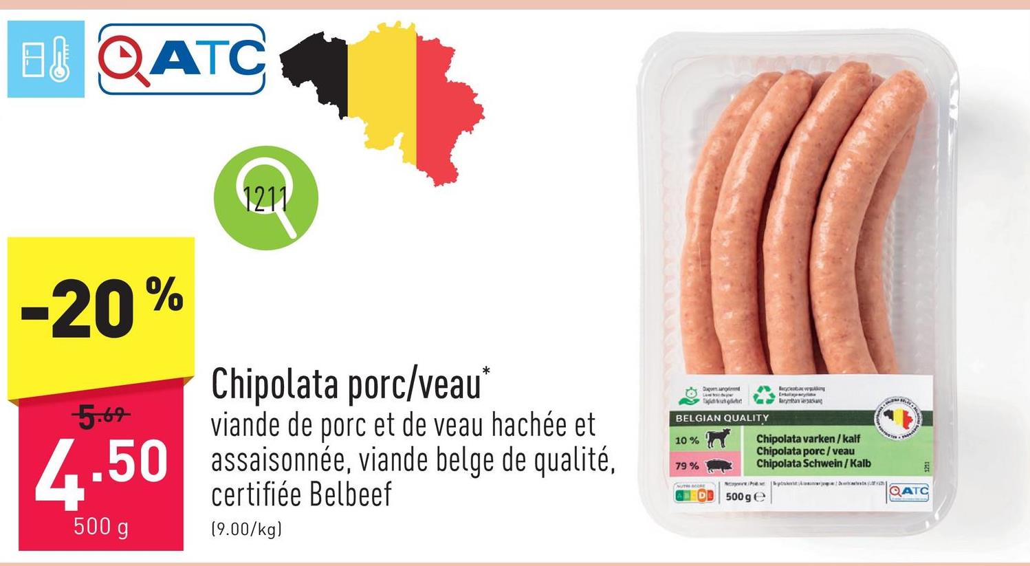 Chipolata porc/veau viande de porc et de veau hachée et assaisonnée, viande belge de qualité, certifiée Belbeef